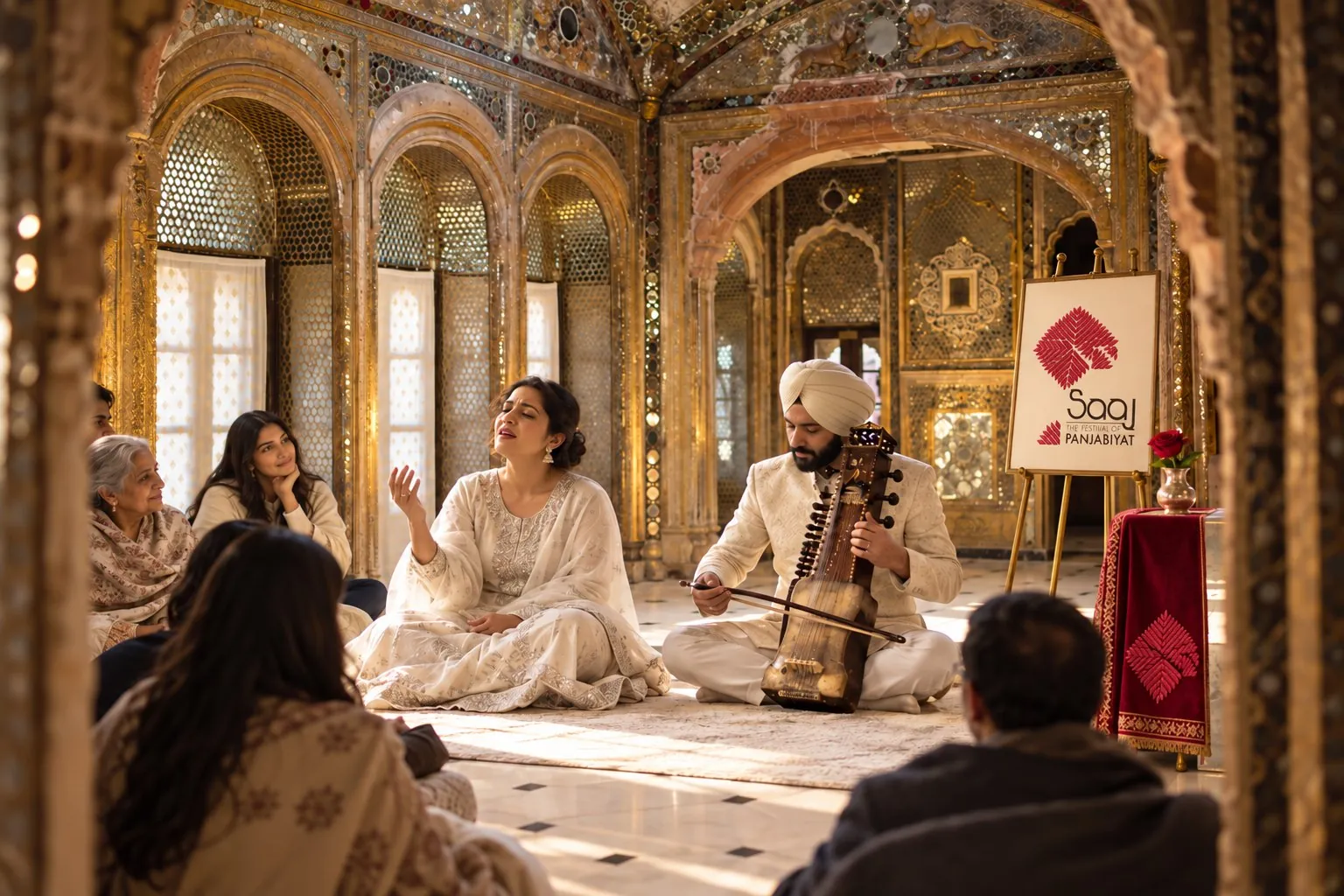 An intimate mehfil in a mirrored darbar hall