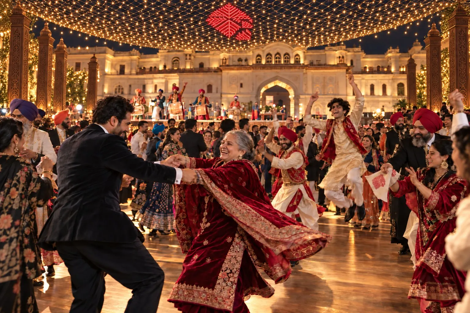 Guests of every generation dancing together beneath festoon lights