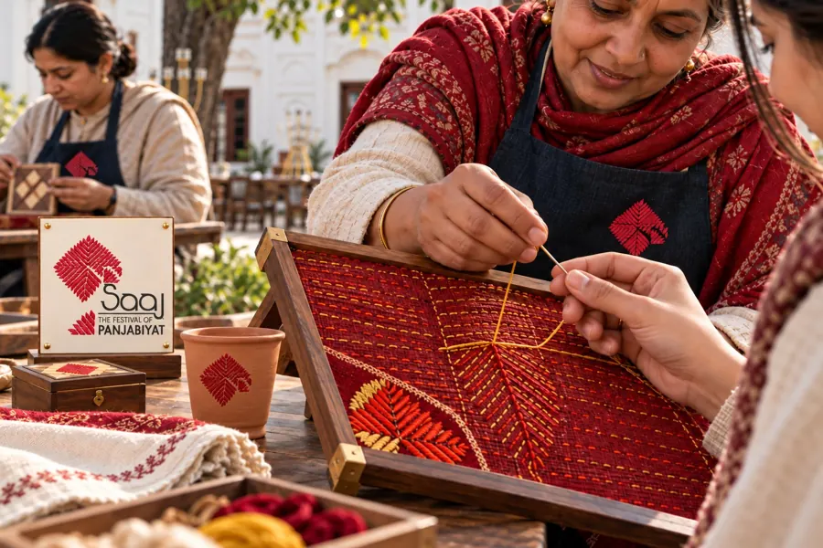 An artisan’s hands stitching a Phulkari motif on a wooden frame