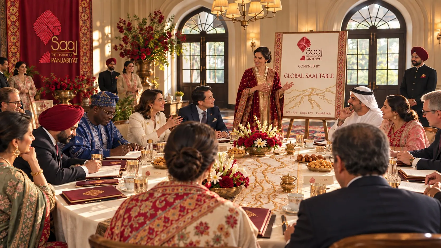 Diplomats and guests from many nations around a long table