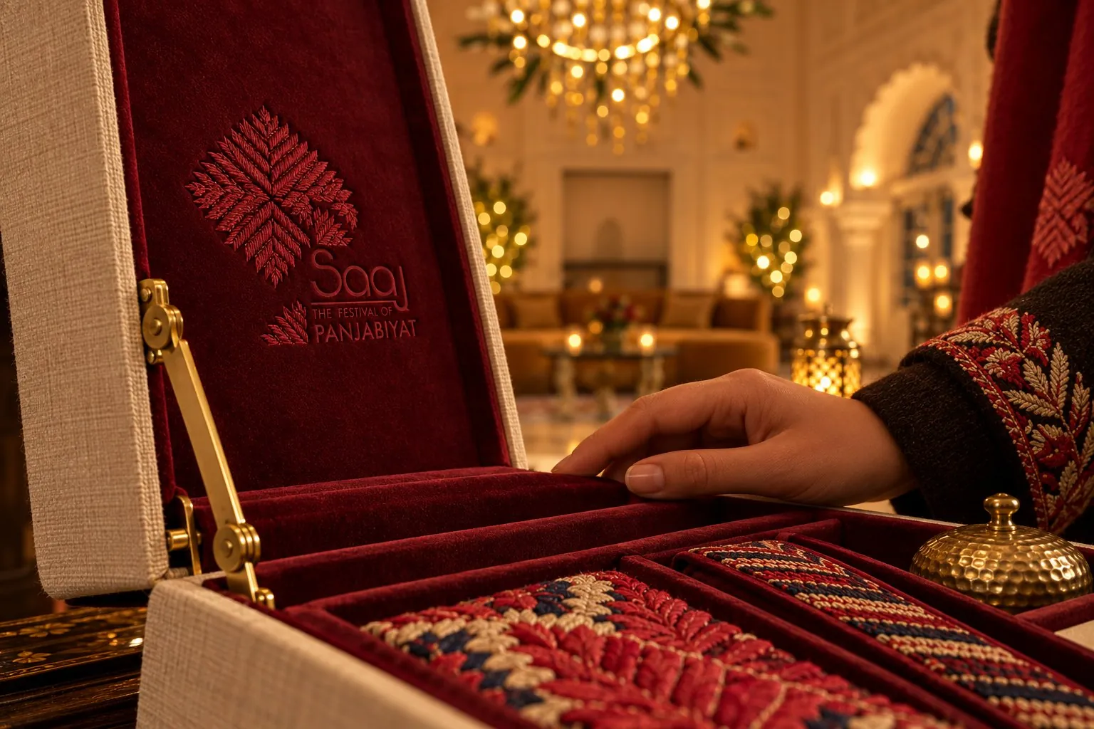 A velvet Saaj keepsake trunk opened to reveal folded Phulkari