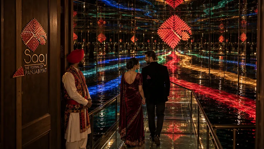 Guests walk through a mirrored corridor of light patterned with the Saaj motif