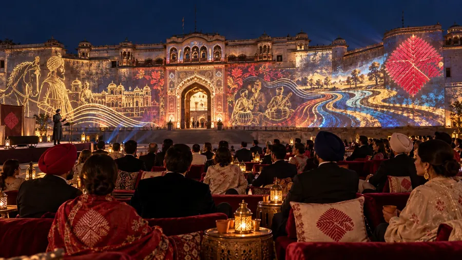 Qila Mubarak at night with projected Panjabi motifs