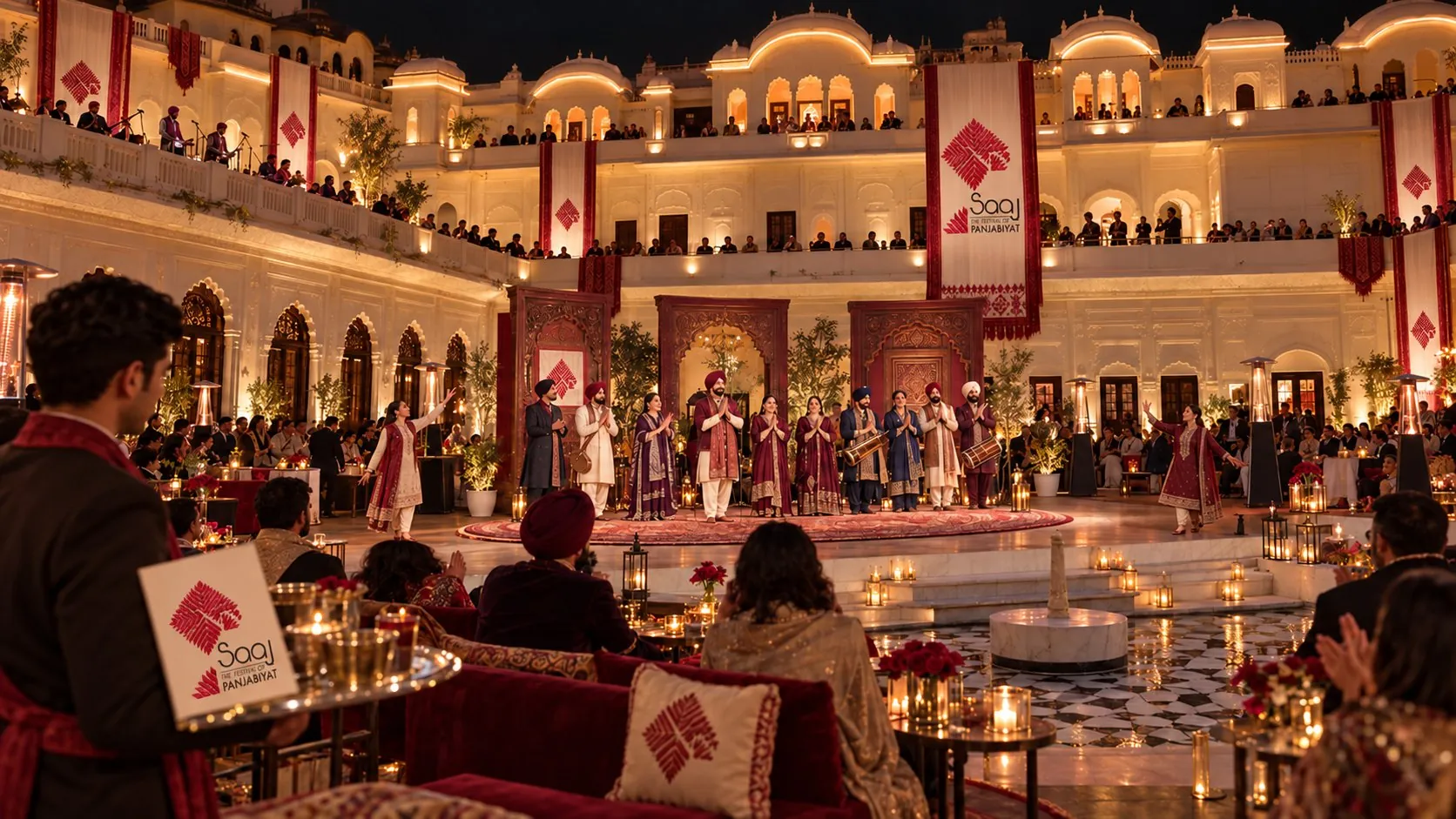 The Ran Baas courtyard at night, guests on three floors watching a performance in the round