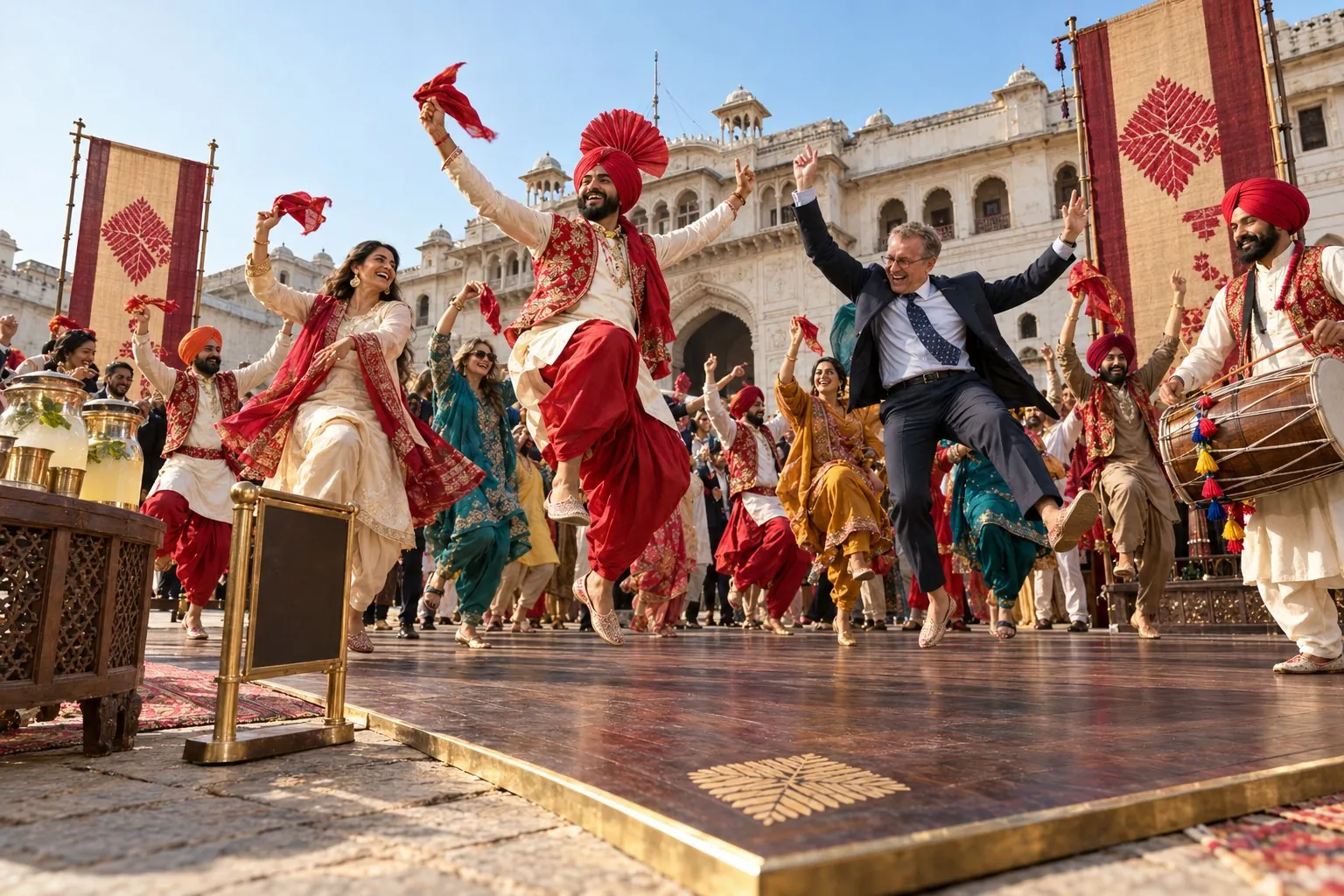 Bhangra dancers mid-leap on an open-air stage before a palace