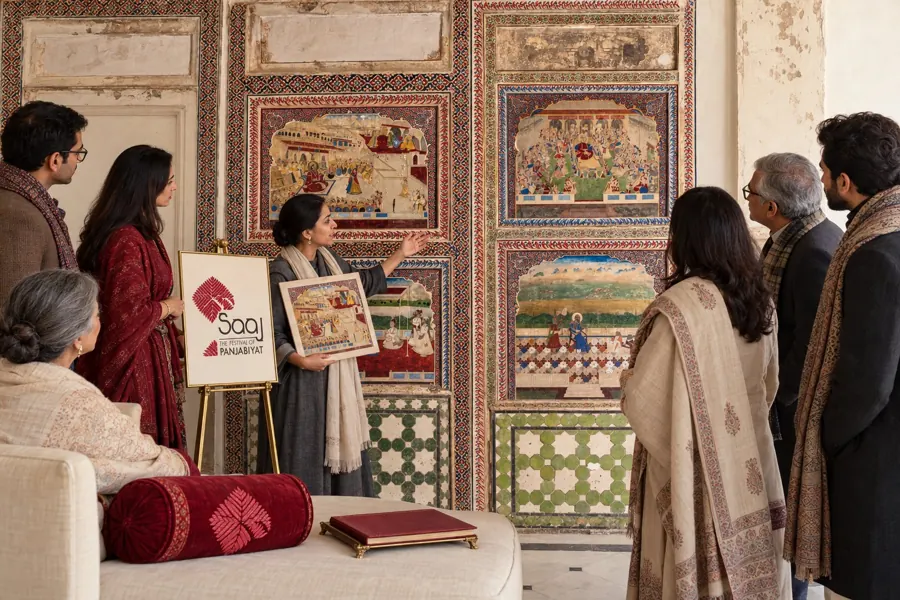 Guests viewing painted fresco panels in a palace gallery