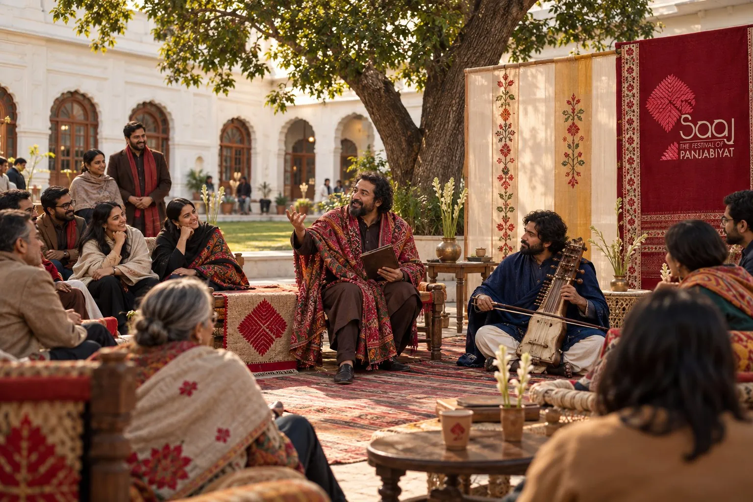 A storyteller and musicians perform a qissa beneath a tree to a seated audience