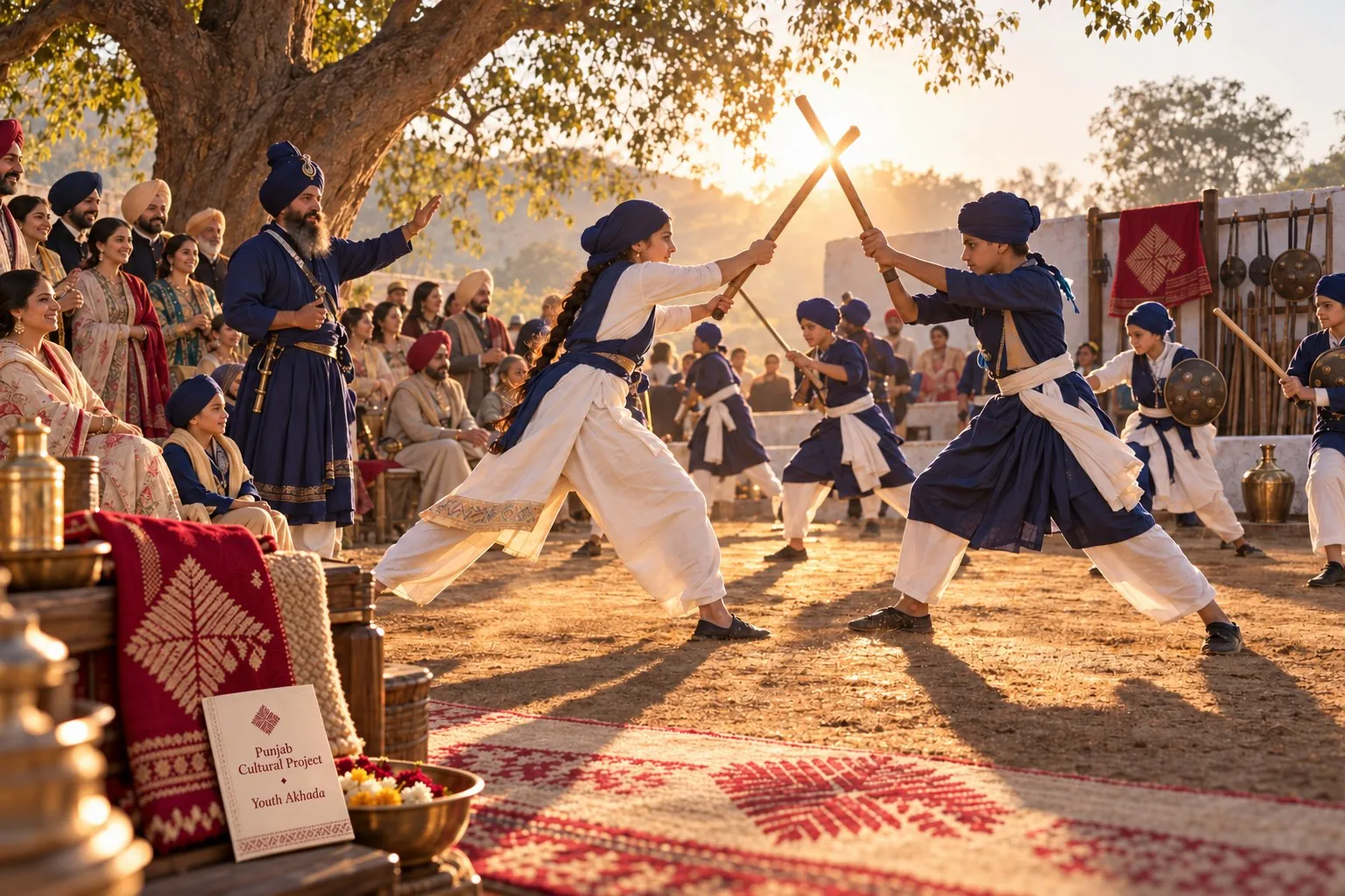 Gatka practitioners spar with sticks in a sunlit courtyard