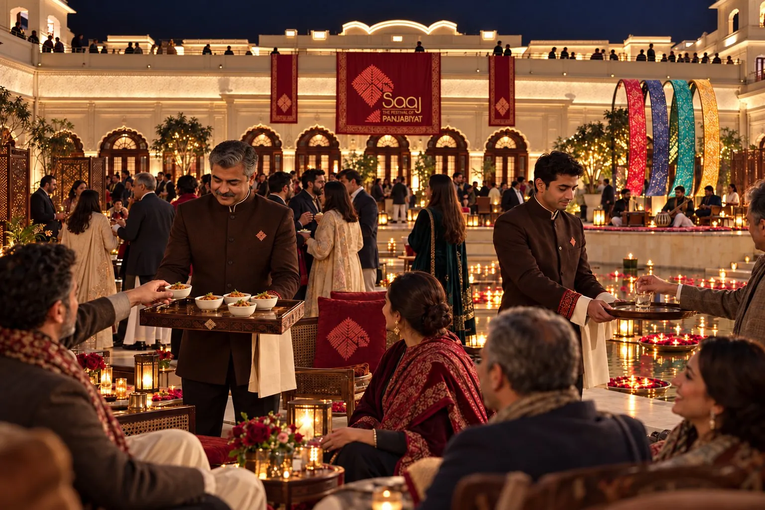 A chef serves guests at a candlelit palace table