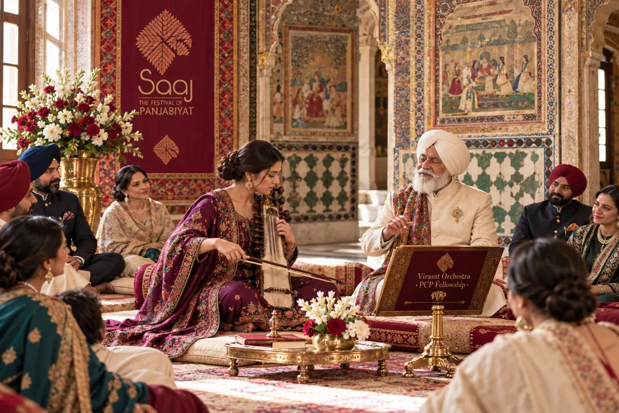 A young musician plays beside a master in a frescoed palace room